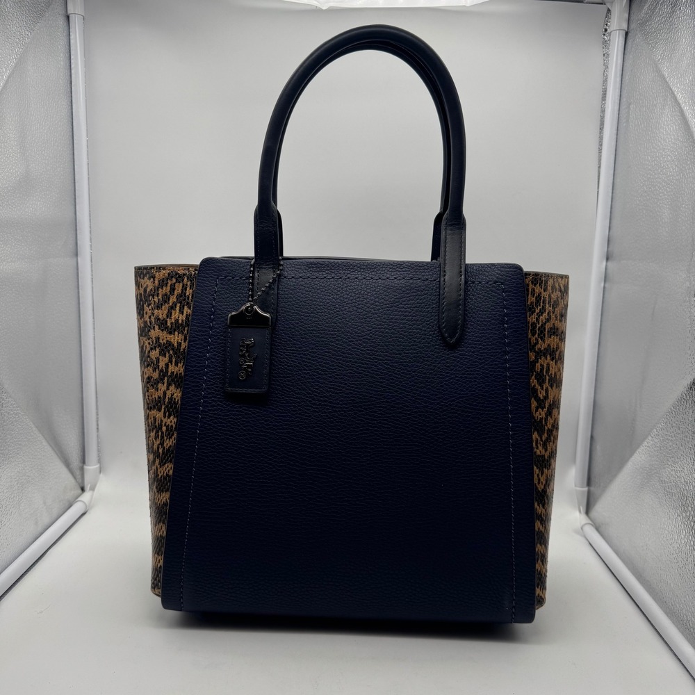 Coach Troupe Navy Blue and‎ Leopard Print Leather Tote Bag Handbag Satchel Purse